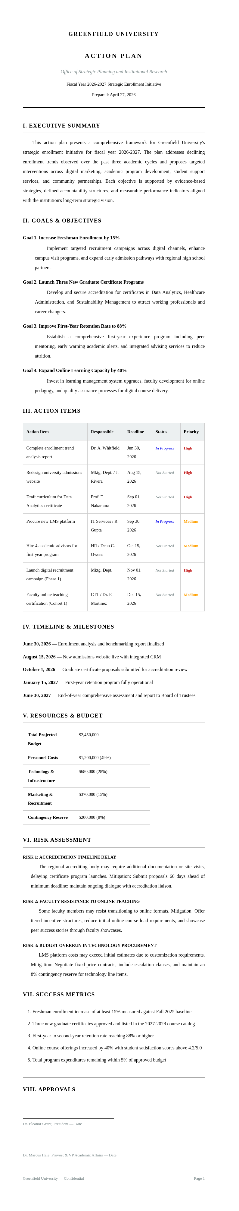 Academic Formal Action Plan